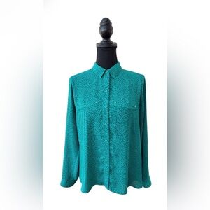 Apt. 9 Teal Button Down Shirt with Black Polka Dots